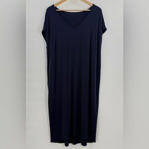 Eileen Fisher Viscose Jersey V Neck Boxy Fit Dress Navy Blue Size XL